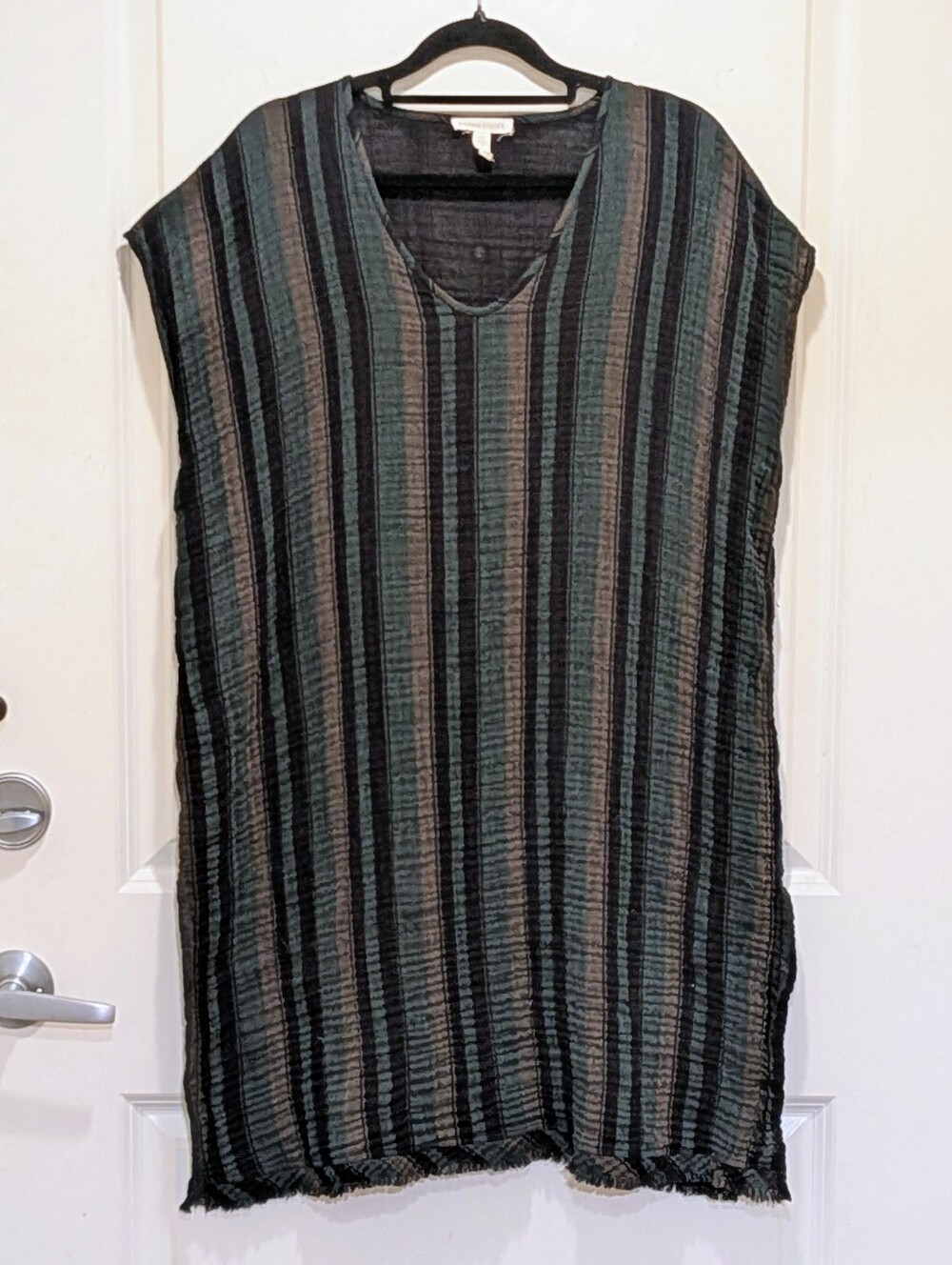 EUC Eileen Fisher S/M Organic Cotton Blend Struped Gauze Fringed Hem Tunic